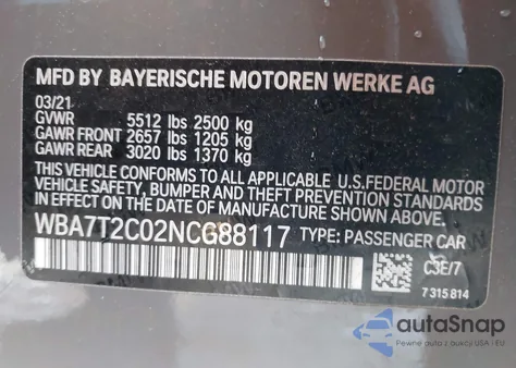 2022 BMW 740 I z USA, uszkodzony, nr VIN WBA7T2C02NCG88117